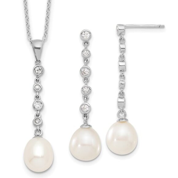 Sterling Silver Freshwater Pearl & Cubic Zirconia Necklace and Earring Set